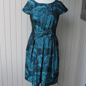 Helene Berman London Blue & Black Floral Satin Jacquard Party Dress 6